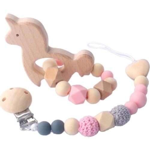 2Pcs/set Wood Baby Teeth Chew Toys Silicone Nipple Chain Teething Bracelet Toy NEW