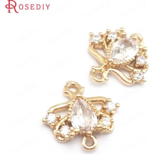 39952)10PCS 13MM 24K Champagne Gold Color Brass and Zircon 2 Holes Connect Charms Pendants Jewelry Making Supplies Diy Findings
