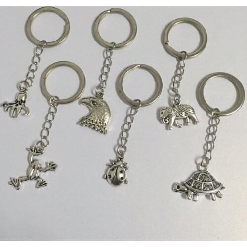6PCS/Lot Vintage Eagle/Elephant/Frog/Ladybug/Tortoise/Octopus Animal Key Charm Pendant Key Chains Handmade Key Chains