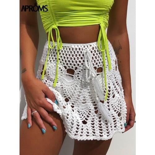 Aproms Candy Color Handmade Cotton Knitted Crochet Mini Skirts Women Summer Hollow Out High Waist Beach Skirt White Bottoms 2020