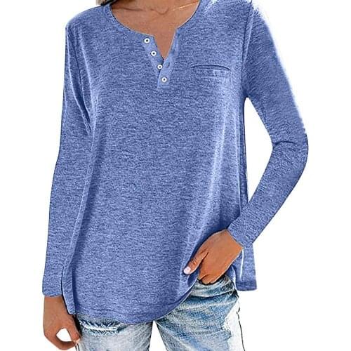 Womens Blouses Top Solid Color Loose Casual Shirts Buttons V Neck Comfy Fashion Woman Blouses 2021 Basic Shirt Autumn