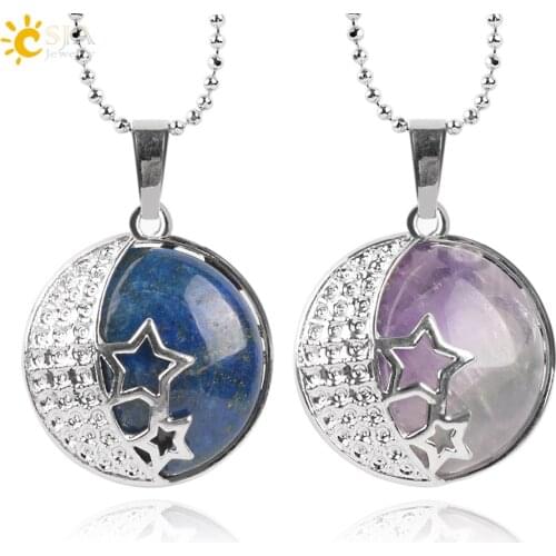 CSJA Reiki Chakra Yoga Semi Precious Natural Stone Pendant Rose Crystal Necklace Female Jewelry Love Moon Stars Back Hollow E175