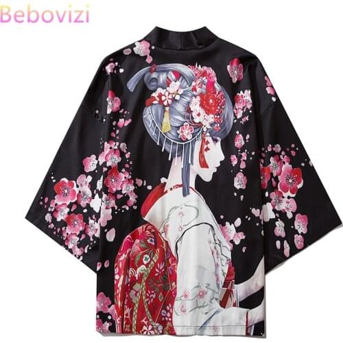 Black Harajuku Japanese Fashion Kimono Women Tops and Blouses Men Asian Clothes Summer Beach Cardigan Yukata Obi