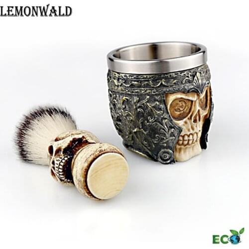 LEMONWALD Shaving Brush Pure Badger Hair Brush Stainless Steel Shaving Bowl With Fashionable Skull Shape Perfect For Men Gift