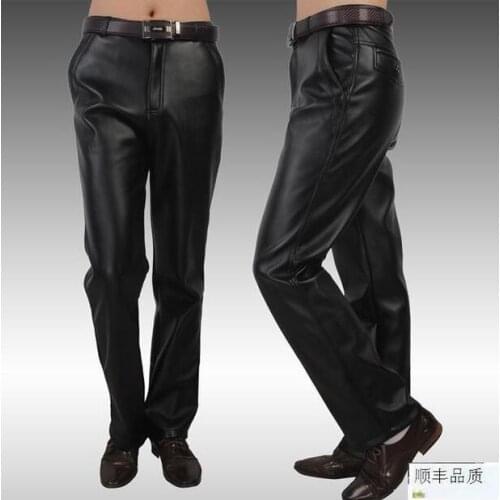 Motorcycle leather pants mens winter loose straight plus velvet thicken plus size mens faux leather trousers male black fashion