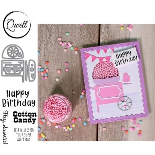 QWELL Cutting Dies & Clear Stamps Set Sweet Cotton Candy Machine Best Wishes Words DIY Scrapbooking Album Craft 2021 Hot Sale
