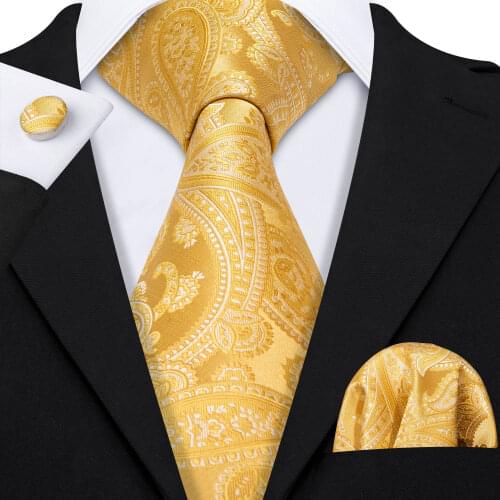 Men Tie Set Gold Paisley Silk Tie For Men Wedding Tie Party Necktie Handkerchief Cravat Barry.Wang Fashion Designer Tie LS-5220
