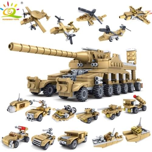 UKBOO 544PCS 16in1 Military Tank Modle Building Blocks Set Army Vehicle Helicopter Truck Ship Weapon Bricks Toys for Children