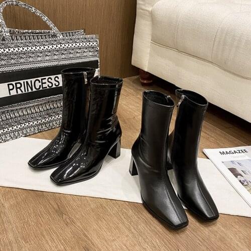 2021 Autumn Square Toe Thick Heel Boots Women Fashion Sexy Patent Leather Mid-tube Boots Fashion All-match High Heel Women Boots