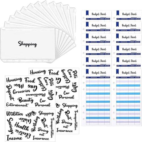 28 PCS Cash Binder Budget Wallet with 12 A6 Clear Binder Zipper Envelopes Folders 12 Budget Trackers Expense Sheets and Labels