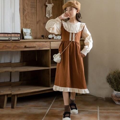 Striped Teenage Girls Dress Fashion Midi Long Kids Autum Spring School Dresses 2021 New Children Uniform Clothing Ruffles Collar