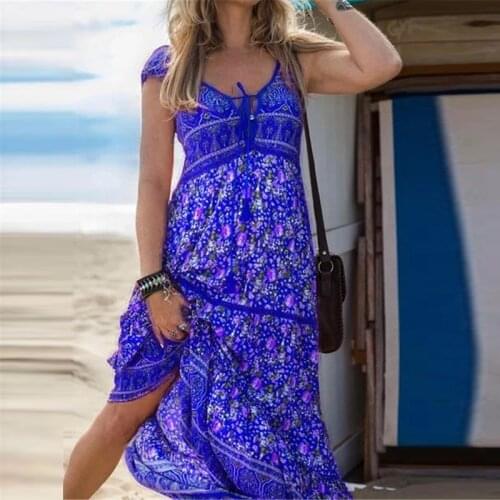 Women Elegant Floral Print Boho Long Dress Sexy V Neck Tie-up Summer Beach Dress Spring Summer Short Sleeve A-Line Beach Dresses