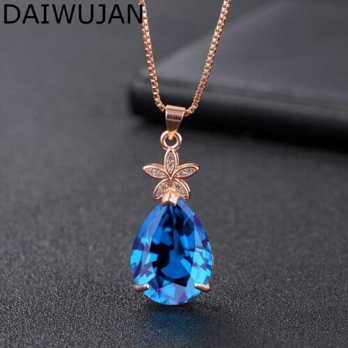 DAIWUJAN Rose Gold Water Drop Sapphire Blue Crystal Pendant Necklaces For Women Lady Zircon Flower Wedding Silver 925 Jewelry
