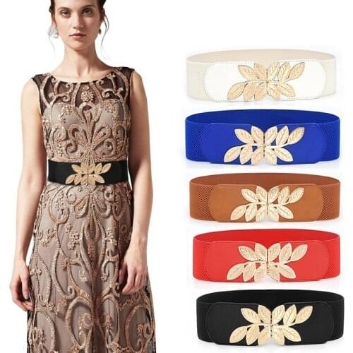 Gold Leaf Buckle Wide Belts for Women Vintage Elastic Waist Belts for Dress Fashion Female Ladies Waistband