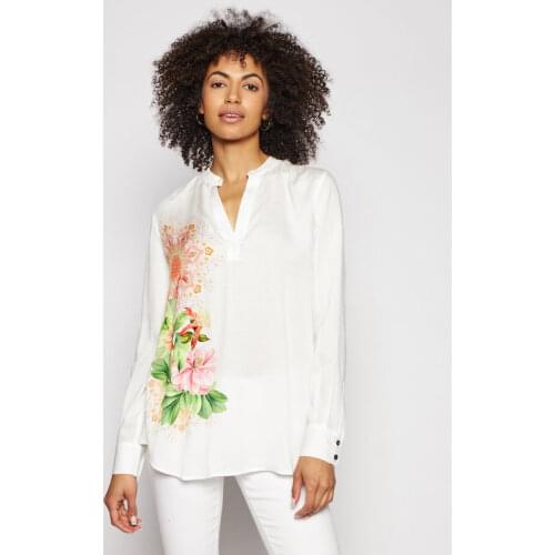 V-neck shirt with one-sided print and diamond-encrusted collar