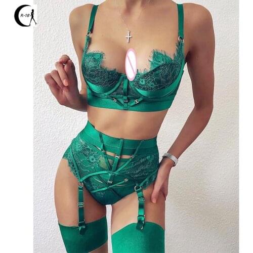 Sexy Lingerie Sexy Lace Eyelash Stitching Three - Piece Set Sexy Sleepwear Cute Maiden Push Up Bra Erotic Lingerie Briefs Set