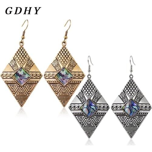 GDHY Retro Geometry Rhombic Earrings Drop Earrings Indian Totem Pendant Earrings For Women Alloy Eardrop Jewelry Bijoux Brincos