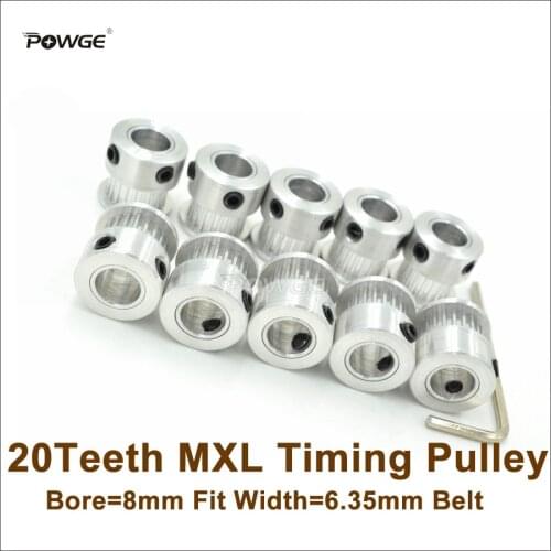 POWGE 10pcs 20 Teeth MXL Timing Pulley Bore 8mm Fit Width 6.35mm MXL Belt 20T 20Teeth MXL Pulley 3D Printer DIY Ultimaker
