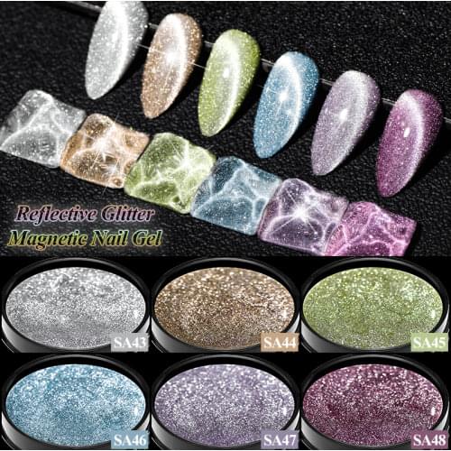 MEET ACROSS Reflective Shiny Glitter Gel Nail Polish 6 Colors UV Gel Cat Eye Nail Gel Sparkling Nail Polish Nail Art Varnish