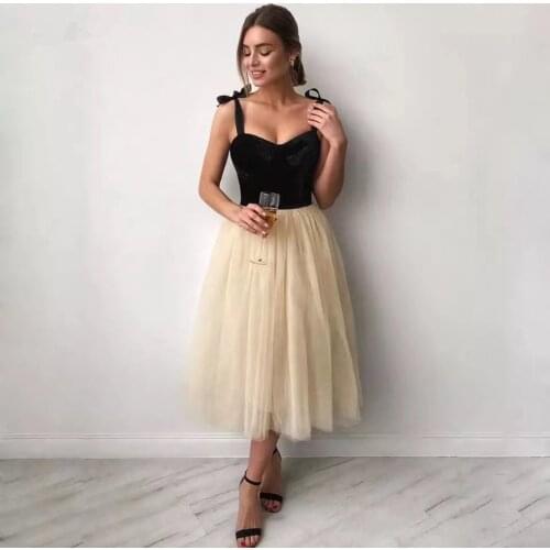 Tulle Spaghetti Prom Dresses A Line Velvet Top Sexy Girls Cocktail Dresses Tea Length Homecoming Dresses