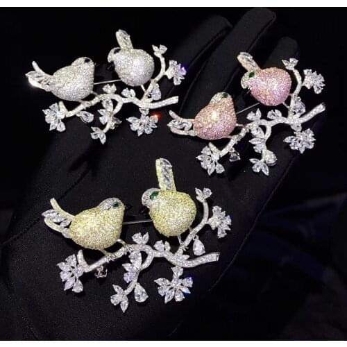 Unisex office career 925 sterling silver with cubic zircon birds brooch pins double birds fine jewelry for women and men