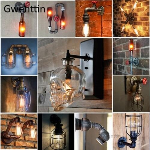 Vintage Glass Bottle Skull Wall Lamps Pipe Wall Sconce Mirror Lights for Bedroom Industrial Lamp Home Decor Lighting Fixtures