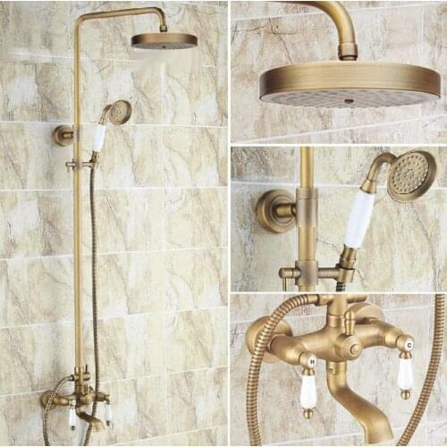 Vintage Retro Antique Brass Dual Ceramic Handles Bathroom 8 Inch Round Rain Shower Faucet Set Tub Mixer Tap Hand Shower mrs149