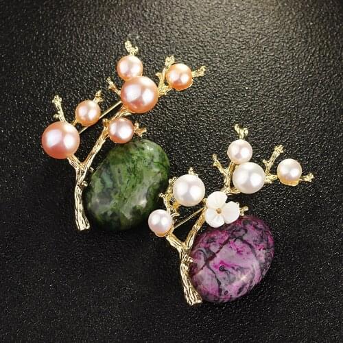 FARLENA Jewelry Original Design High-end Shell Plum Tree Brooches with Freshwater Pearls for Women Vintage Natural Stone Brooch