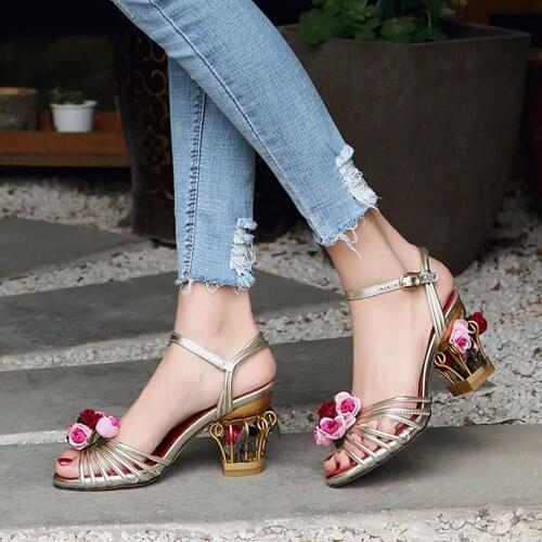 Fashion Women Summer Shoes High Heel Women golden Sandals Round Toe Block Heels Sandalias of large size For Girls Vintage Shoes