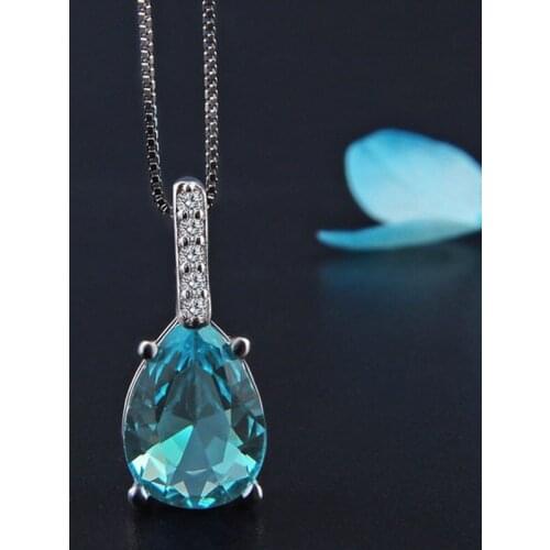 Fashion 925 Silver Imitation Aquamarine Crystal Topaz Pendant Water Drop Pear Shape Carat Necklace For Women Exquisite Jewelry