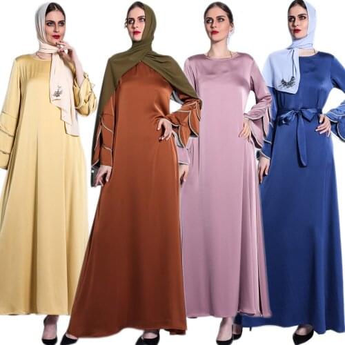 Ramadan Eid Women Abaya Dress Maxi Satin Long Flare Sleeve Kaftan Dubai Muslim Arab Gown Party Robe Mubarak Islamic Clothing