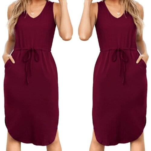 Womens Casual V-Neck Sleeveless Side Wear Drawstring Waist Long Sleeve Pocket Vest Dress Wine Red