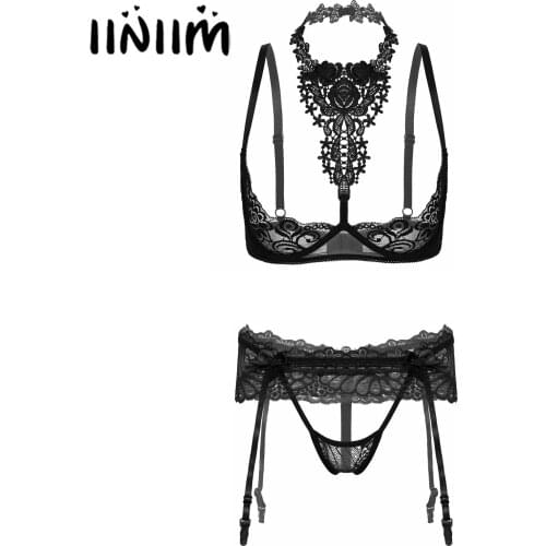 Womens See-through Lace Lingerie Set Underwired Unlined Halter Bare Breast Bra Hollow Out Lace Skirted Thongs Bowknot Underwear