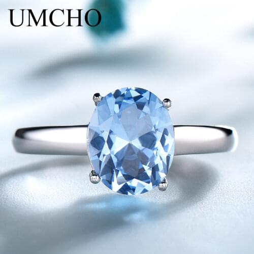 UMCHO Elegant Real 925 Sterling Silver Wedding Rings Sky Blue Gemstone Topaz Ring for Women Charms Party Fine Jewelry Female