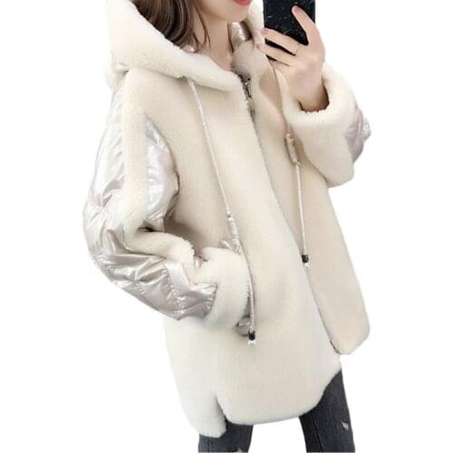 Winter sheep shearing jacket Women long woolen coat lambskin fur on coats Womens autumn winter hooded Thick Warm Overcoats F1217