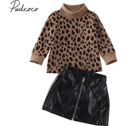 2020 Baby Spring Autumn Clothing Toddler Baby Kid Girl Turtleneck Leopard Sweatshirt Top PU Skirt 2Pcs Fashion Outfits Sets 1-5T