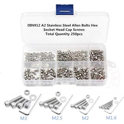 250pcs M1.6 M2 M2.5 M3 A2 Stainless Steel DIN912 Allen Bolts Hex Socket Head Cap Screws wrench Assortment Kit