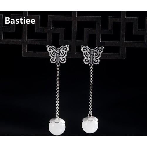 Bastiee Jade Beads Butterfly Drop Earrings 925 Sterling Silver Jewelry For Women Dangle Earings Chinese Vintage Style