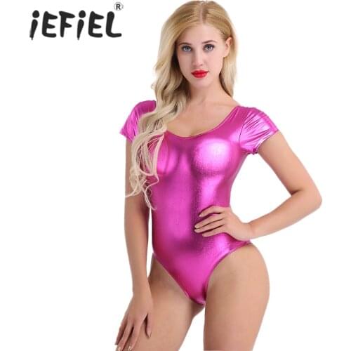 IEFiEL Adult Shiny Patent Leather Short Sleeve Ballet Bodysuit Gymnastics Dancewear Clubwear Ballet Leotards for Women Costumes