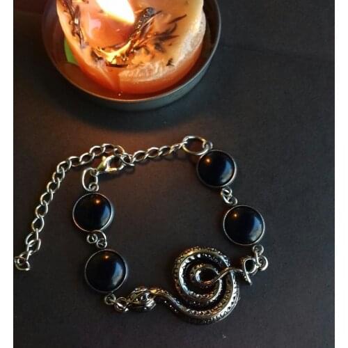 Handmade Snake Chain Bracelet with Black Agate- Gothic Bracelet - Elven Chain Bracelet