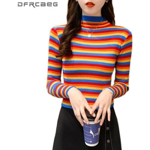 Patchwork Striped Slim Knitted Crop Top Woman 2020 Autumn Full Sleeve Casual Pullovers Knitwear Bottoming Sweaters