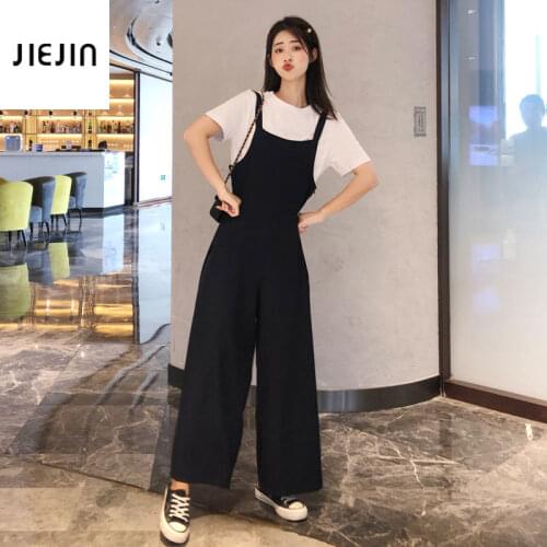 Black Ladies One Piece Jumpsuits for Women 2020 Elegant France Elegant Solid Casual Loose Sleeveless Wide Leg Pants Overalls
