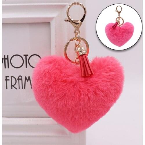 Fashion Cute Heart Pompom Keychain With Tassel Multicolor Faux Fur Ball Alloy Keyring Women Handbag Hanging Pendant Key Chain
