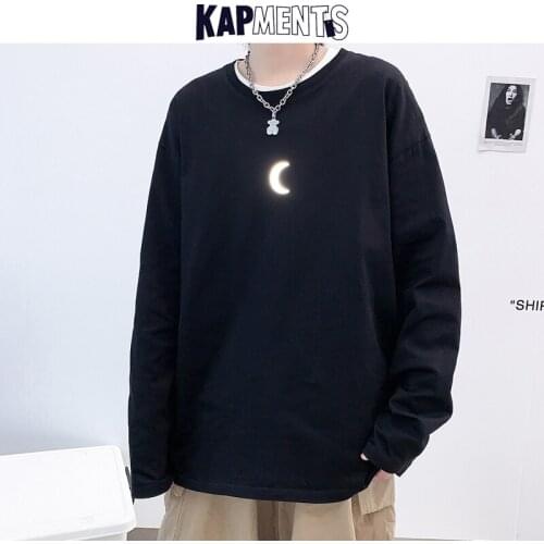 KAPMENTS Men Streetwear Reflective Moon Graphic T Shirts 2021 Summer Mens Fashions Hip Hop Long Sleeve T Shirt Man Colorful Tees
