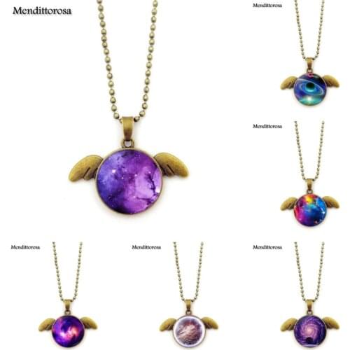 Mendittorosa Natural Nebula Galaxy Space Necklace Glass Cabochon Jewelry Choker Long Bronze Angel Wings Necklace For Unisex Gift