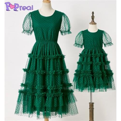 PopReal Fashion Lace Wave Point Family Look Mom Daughter Dress Family Matching Clothes Mother And Daughter Outfits Mother Kids