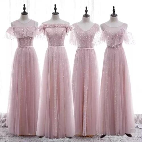 Bridesmaids Dresses Illusion A-Line O-Neck Short Off The Shoulder Luxury Lace Tulle Floor-Length Women Wedding Party Gown E544
