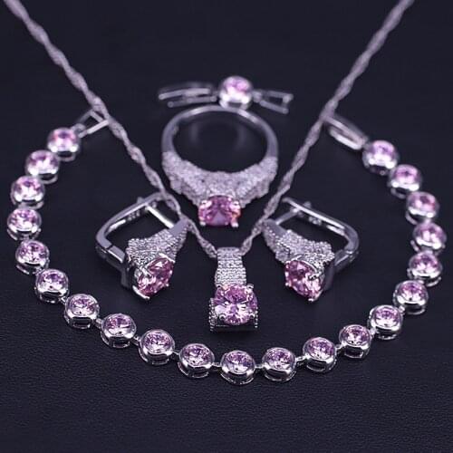 Princess Pink Crystal Silver Color Costume Jewelry Set Hoop Earrings Ring Necklace Bracelet Set Bridal Jewelry Set