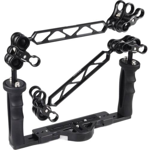 Underwater Diving Dual Handheld Stabilizer Tray Handle Grip Set with 1inch Double Ball Arm and Clamp For waterproof Housings