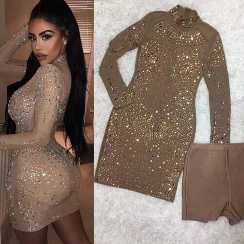 Sexy Brown Beading Long Sleeve O Neck Mesh Dress Women High Quality Celebrity Fashion Party Dress Vestidos Wholesale 2021